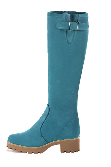 Women's peacock blue custom-made buckle knee-high boots with  and  - Worn view